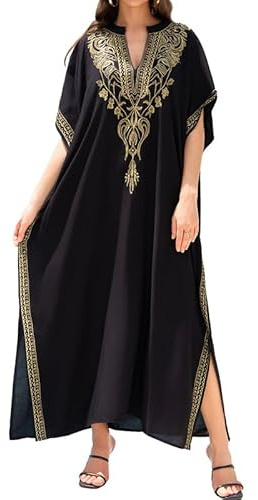 Bsubseach Dam broderi kortärmad bikini strandklänning sida delad strand kaftan klänning, guld broderi, En Storlek