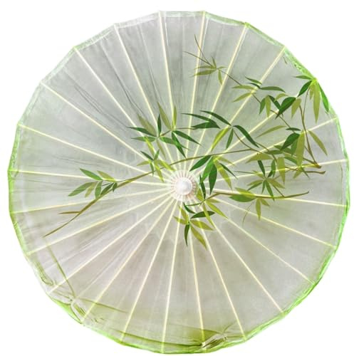 FANSU Stick Japanese Umbrella, Chinese Oil Paper Umbrella Wooden Handle Classical Painting Peony Papers Parasol Painting Decorative Wedding Party (Green leaf,Diameter 84cm)