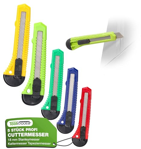 ToolSpace Lot de 5 Cutters Professionnels Largeur de Lame 18 mm Couteau à Tapisser en Acier Inoxydable Poignée Ergonomique, Blocage Couteau à Carton Cutter pour Papier Peint, de Coupe
