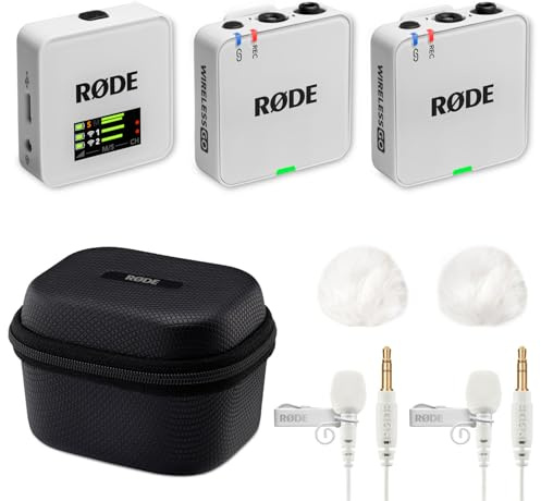 Rode Wireless GO Gen 3 - Sistema wireless per microfono a 2 canali, con custodia di ricarica + 2 microfono Lavalier GO bianco e 2 paravento in pelliccia WH