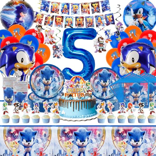 Pappteller Kindergeburtstag 5 Jahre, 106 Stück Partygeschirr Geburtstagsdeko Cartoon Birthday Banner Luftballon Party Geschirrset Pappteller Becher Servietten Tischdecke Kuchen Deko Kinder