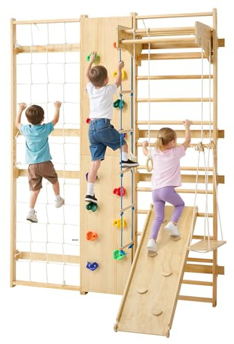VEVOR Escalera Sueca de Gimnasio con Barras de Madera Maciza 12 Niveles Juego de Escalada Capacidad de 100 kg Montaje de Pared con Anillas de Gimnasio, Tobogán, Columpio para Hogar, Sala de Juegos