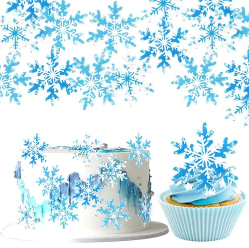 60 Pack Edible Cupcake Cake Toppers Snowflake Cake Decorations for Christmas Winter Frozen Theme Party Supply Decoration