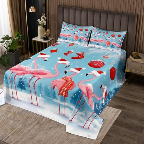 Christmas Flamingo Bedspread Queen Size,Winter Snowflake Quilt Sets 3Pcs for Kids Teens Youth Room Decor,Red Christmas Hat Bedding Sets Wild Animals Down Comforter,2 Pillowcases