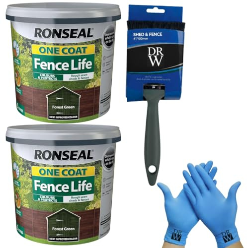 DRW 2 x One Coat Shed & Fence Protector 5L Forest Green + Free 4 Fence Paint Brush & Nitrile Gloves | 10L Total | Long-Lasting Weatherproof Wood Protection for Sheds, Fences & Outdoor Timber