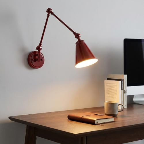 BARCELONA LED Aplique de Pared Rojo Vintage con Brazo Ajustable, Aluminio de Gran Tamaño, Estilo Clásico y Moderno para Dormitorio, Sala o Espacio Diseño Retro e Industrial Elegante