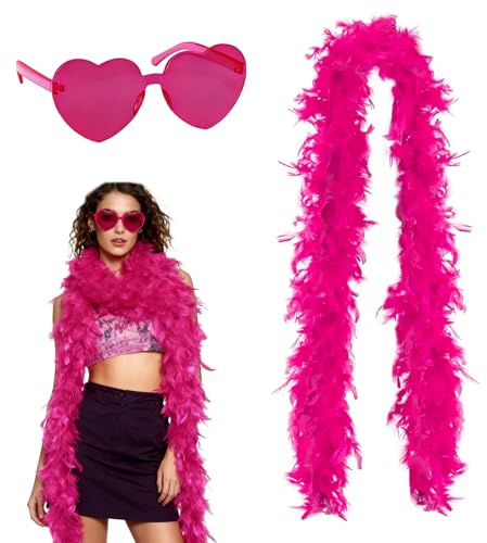 fshxj Flamingo KostüM Damen,Rosenrot Federboakunststoff Brille Set - 2 Meter 60g Feder Schal, Wiederverwendbar Party ZubehöR FüR Hochzeit Karneval Halloween Cosplay Musikfestival