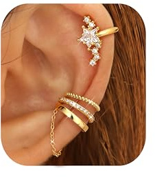 Roheafer 4 Stück Ohrklemmen, nicht piercing, hypoallergen, vergoldete Ohrklemmen-Ohrringe für Frauen, trendiges CZ-Clip-Ohrring-Set für den Knorpel, zierliche, verstellbare Fake-Piercing-Ohrringe