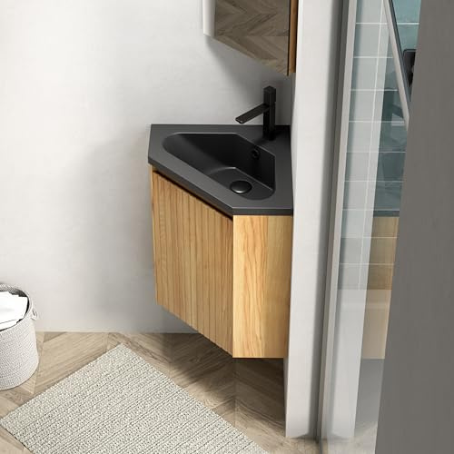 Lavabo angolare da parete, 38 cm, in resina nera opaca con mobile da bagno triangolare, soluzione salvaspazio con chiusura morbida, in legno naturale