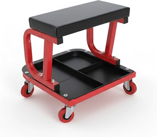 Sizi Mechanics Creeper Seat with Tool Tray | Padded Rolling Garage Stool, 360° Swivel Wheels, Heavy Duty Metal Frame, Waterproof Workshop Chair for Car Repairs, DIY & Detailing, 150kg Capacity