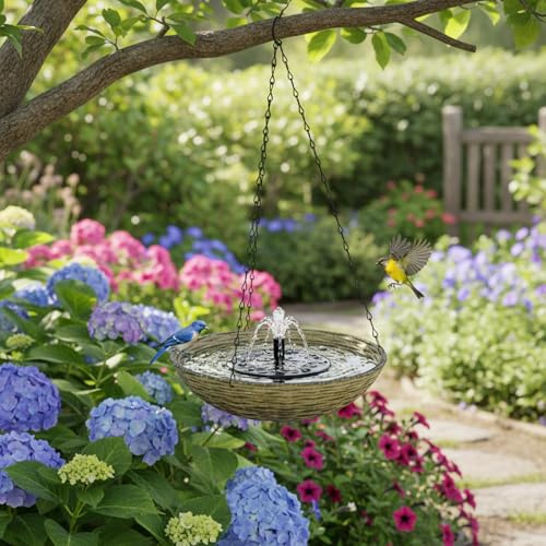Vasca per uccelli sospesa ad energia solare per esterni Fontana per uccelli per giardino, patio, decorazione del cortile (9x22 pollici), marrone chiaro, fontana solare per bagno