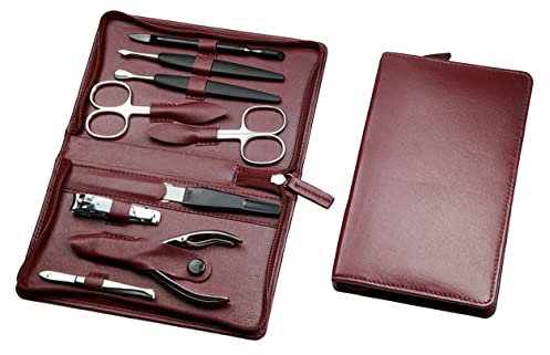 Sonnenschein by Hans Kniebes - 9-tlg Maniküre Set – Nagelschere, Knipser, Pinzette, Feile, Nagelzange – Maniküre Etui aus echtem Nappa-Lammleder bordeaux