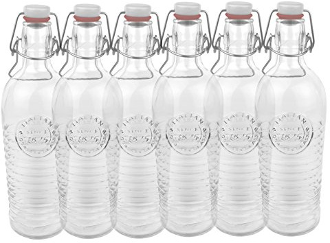 Bormioli Juego de 6 botellas de cristal Officina 1825, con relieve y acanalado, calidad italiana, ideal para conservas, bebidas, fermentación, decoración, Transparente