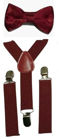 L&L® 2 Pcs Kid Children Boy Braces + Bow tie Set Suspender Wedding UK (7-12 years old, Wine red)