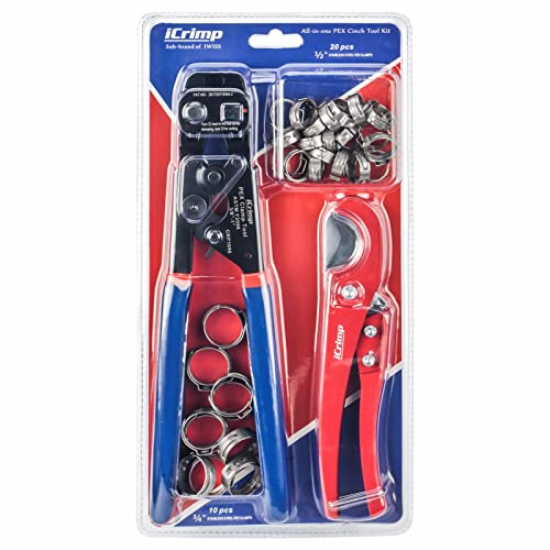 iCRIMP Cricchetto PEX Cinch Tool con funzione di rimozione per 3/8 a 1 morsetti in acciaio inox con 20PCS 1/2 e 10PCS 3/4 PEX morsetti e tagliatubi - tutto in uno