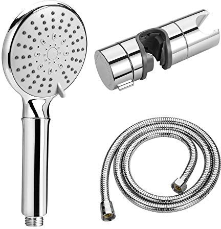 QIWODE Alcachofa Ducha con Manguera y Soporte, Teleducha con 5 Tipos de Chorro Regulable, Manguera de 1,5 m, Soporte Ajustable para Barras Deslizantes con un Diámetro Exterior de 18-25 cm, Cromado
