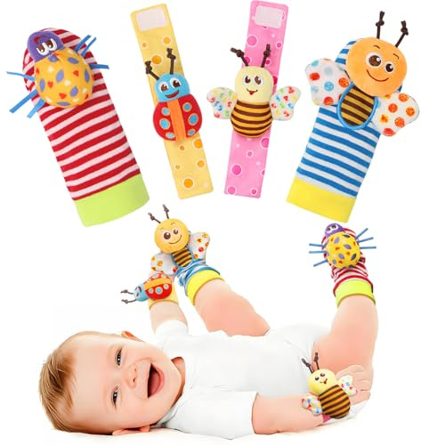 Bloobloomax Wrist Rattle Socks and Foot Finder Set, Infant Girl Boy Toys for Babies 0-36 Months, Newborn Hand & Foot Toys for 0 to 3 Years, Baby Shower Gifts Set Mother's Day Gift