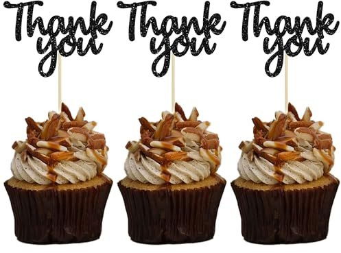 Gyufise 36 Pack Thank You Cupcake Toppers Black Glitter Thanksgiving Cupcake Picks Decorations for Baby Shower Boys Girls Birthday Party Supplies