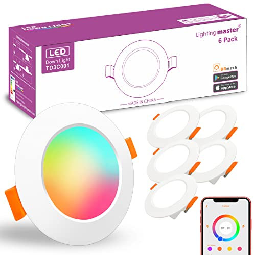 Led Downlights for Ceiling 3 inch 7W for Alexa，Bluetooth Smart Ceiling Spotlights by APP Control，Recessed Lights Warm to Daylight White Dimmable - Colour Changing RGB Lights (Cutout φ68-85mm) 6pack