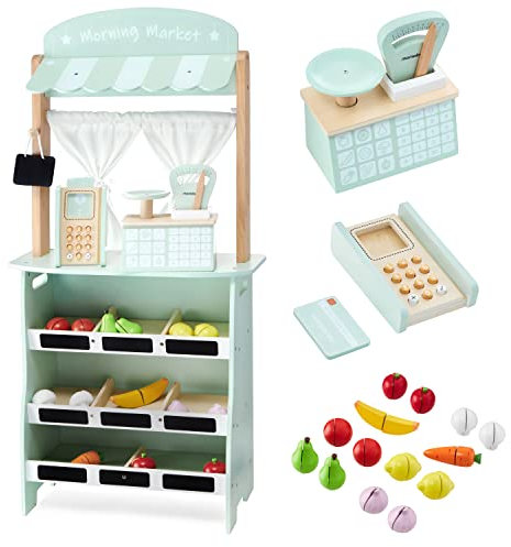 mamabrum 2-in-1 Kaufladen & Theater-Set, Holz-Marktstand mit Waage & Bezahlterminal, 16-teilbares Obst & Gemüse, Vorhang & Kreidetafel - Spielset für Kinder (21 Teile)