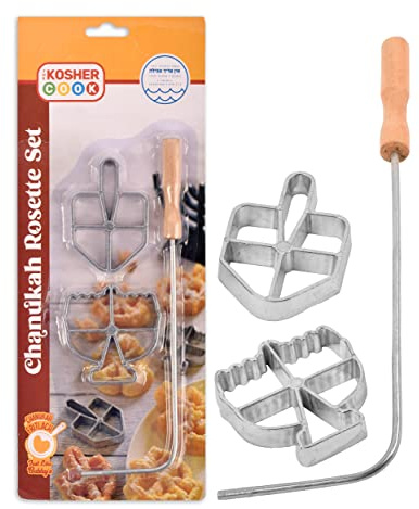 The Kosher Cook Chanukah Fritlach Rosette Maker, Stainless Steel Rosette Iron Set With Handle, Hanukkah Set, Dreidel and Menorah Mold (3 Piece)