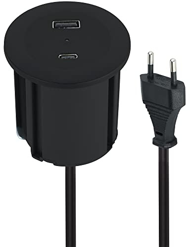 Electraline Tischplatte Grommet Einbausteckdose/Tischsteckdosenleiste/Tischsteckdose mit C Power Delivery zum Laden von Computern + 1 typ A 3.0A Q.C. 3M Kabel, D54-60mm, Schwartz, 2 USB (A+C) P.D. 45W