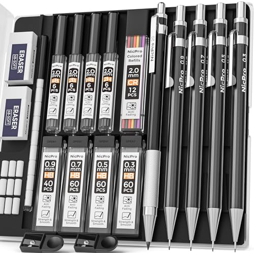 Nicpro 5 noir porte-mines en métal avec étui, crayons d'artiste avec 9 boîtes de mines de rechange 0,3, 0,5, 0,7, 0,9 et 2 mm(colorées 2H HB 2B 4B), 2 gommes, porte-mines en graphite pour croquis