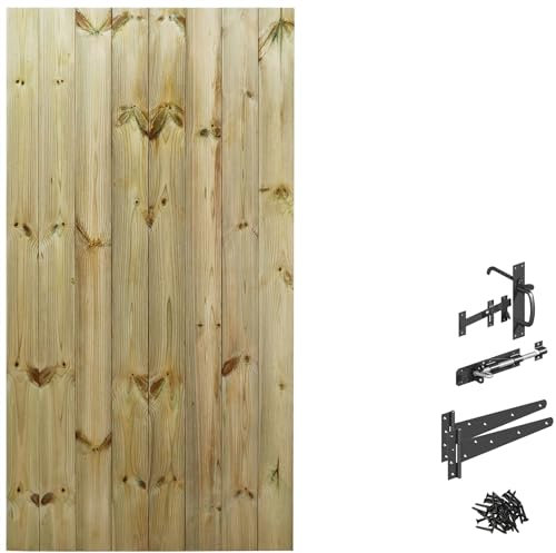Made to Measure 6ft Wooden Garden Gate, Suffolk Latch Fixing Kit, Custom T&G Semi-Braced Flat Top Treated Timber Door for Outdoor Pathway Home Access, MAX 180cm High x MAX 90cm Wide
