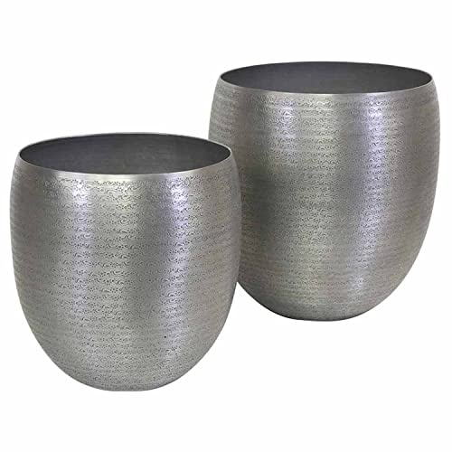 Casa Moro Blumentopf Pflanztopf Pflanzgefäß Toledo 2er Set Groß Aluminium Hammerschlag verziert Luxus Übertopf Silber Boho Chic Pflanzkübel Blumen-Kübel ABK606