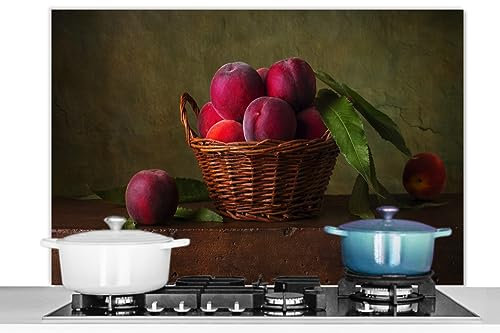 KitchenYeah© Pannello Paraschizzi Cucina Alluminio 100x65 cm para Schizzi per Piano Cottura Parete Cucine Cestino - Prugna - Rosa - Rustico - Frutta - Natura Morta