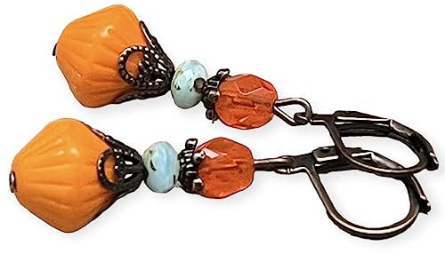Vintage Ohrringe mit böhmischen Glasperlen - orange, aqua, türkis, hellblau & kupfer