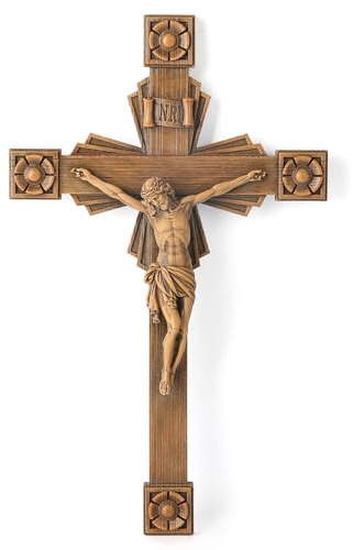 BC Catholic Crucifix Wall Cross, Jesus Christ Home Decor, Wood Carve Looking, 12H, Hand Painted by Buildclassic