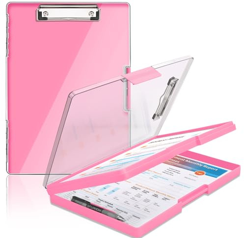 SFLHHDM Clipboard with Storage,Heavy Duty Clip Boards 8.5x11 with 2 Storage Case,Clear Visible Panel Storage Clipboards,Side Opening Nursing Clipboard Folder for Office Supplies-Pink