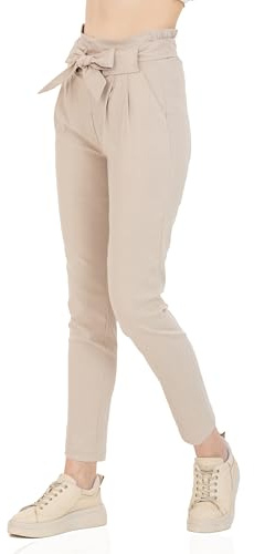 Kendindza Collection Pantalon taille haute stretch pour femme avec nœud - Élégant pantalon business en tissu long à enfiler, beige, M