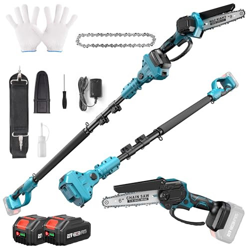 2-In-1 Mini Kettensäge mit 2x4,0Ah Batterien, Seesii 6 Zoll Bürstenloser Hochentaster Elektrisch, Teleskop Astsäge, Arbeitshöhe bis 4,6m, 60° Abwinkelbarer Kopf, inkl. Schultergurt