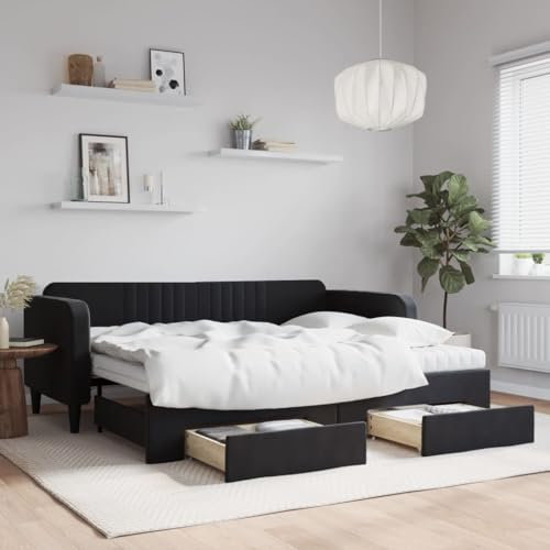 ZEYUAN Tagesbett Ausziehbar mit Schubladen Schwarz 90x200 cm Samt, Schlafsofa, Daybed, Bettsofa, Sofa Bed, Sofabett, Schlafcouch, Jugendbett, Bettgestell, Bettcouch - 3197139