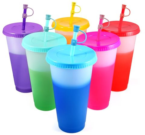 EASEVE Colour Changing Cups Tumblers with Lids & Straws Cover - 6 Pack 24oz Reusable Plastic Iced Coffee Cup Party Tumbler for Kids Children Adults Travel Mugs for Drinks (with Straw Cover)