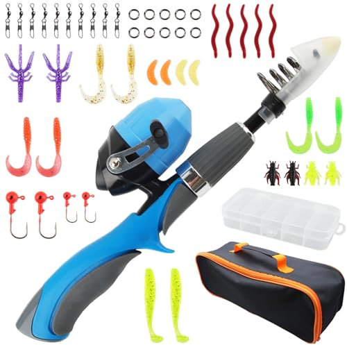 dellyy Angel, Angelset für Kinder, Kinderangel, Angelrute + Angelrolle, Angelköder-Set und Zubehör, Teleskopangel für Reisen, Mit Tasche für Angelausrüstung