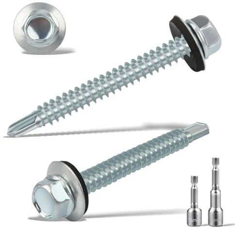 Lot de 75 vis à tôle trapézoïdale - Vis autotaraudeuses - Avec disque d'étanchéité - 6,3 x 50 mm - 2 embouts hexagonaux - Jeu de douilles M8 - Vis étanches galvanisées - Vis à toit en métal (argentées