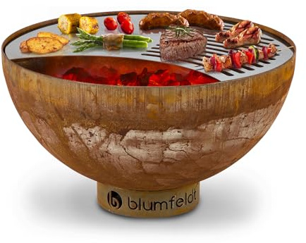 blumfeldt Savage Brasero con Parrilla, Ø brasero: 60,5 cm, Resistente al Agua y Las Heladas, Combustible: Leña o Carbón, Material: Acero, Funda Incluida, Tipo: Pequeño, Óxido