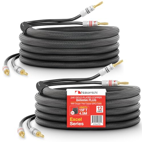 Nakamichi 24K vergoldeter Bananenstecker mit Lautsprecherkabel, 99,9% sauerstofffreies Kupfer (OFC), robustes geflochtenes Kabel, CL2-zertifiziert - Schwarz (12AWG / 15 Fuß / 4,5 Meter) 2er-Pack | Verstärker aus sauerstofffreiem Kupfer, Excel-Serie, robust, geflochten, CL2-bewertet, Schwarz, 12 AWG, 4,5 m, 2 Stück