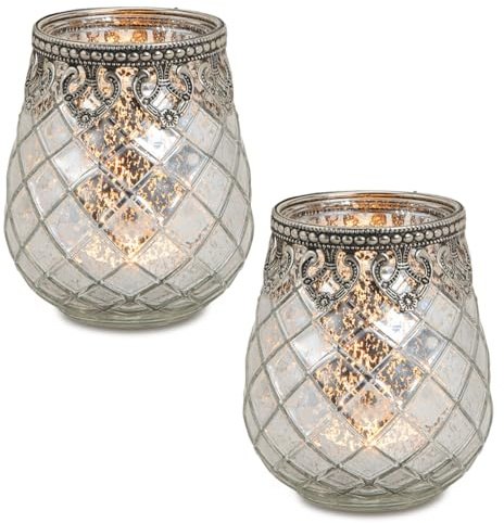 Vintage Kerzengläser Windlichter silber - 2 Moderne Windlichtgläser in 10 cm als Kerzenständer Laterne Teelichthalter - Boho Kerzenhalter Teelichtglas als Hochzeit Tisch-Deko Balkon Garten Deko