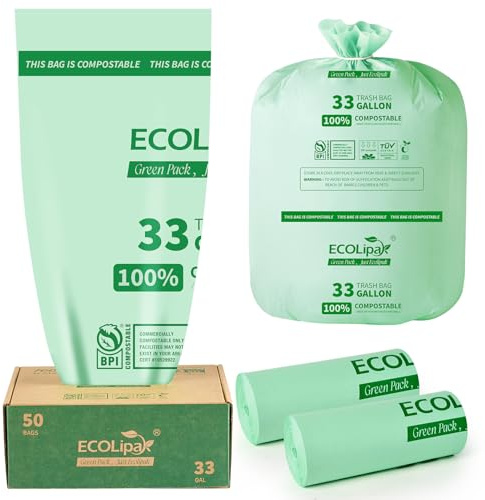 ECOLipak 33 Gallon Compostable Trash Garbage Bags, 50 Count (2 Rolls) Biodegradable Heavy Duty Large Outdoor Trash Bags for Lawn/Yard, US BPI ASTM D6400 and OK Compost Home Certified