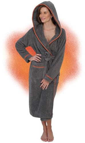ELEVAVIDA Bademantel Damen mit Kapuze aus kuscheliger Baumwolle - extra weich und bequem - Frottee Sauna Bademantel lang - OEKO-TEX zertifiziert