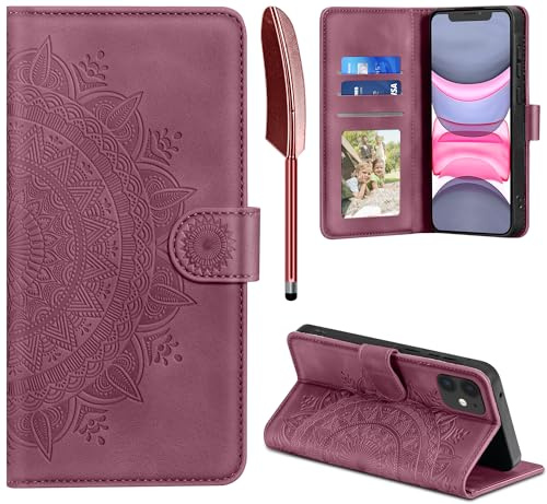 EASDNB Lederhülle für iPhone 11 Hülle, Handyhülle für iPhone 11 Flip Wallet PU Leder Case [Kartenfach] [Magnet] [Ständer] Prägung Klapphülle Schutzhülle für iPhone 11, Weinrot