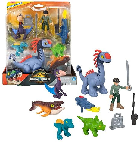 Fisher-Price Imaginext Jurassic World Rebirth Action Figure Set with 1 3-inch Human, 5 Dinosaurs, Toy Launcher & Accessories