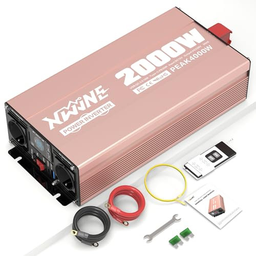 XWJNE 2000W Wechselrichter 12V auf 230V Pure Sinus, Sinus Wechselrichter für Wohnmobil/Camping, Spannungswandler mit LCD-Display, Fernbedienung, 2 EU-Steckdose, USB-A und USB-C-Ausgang
