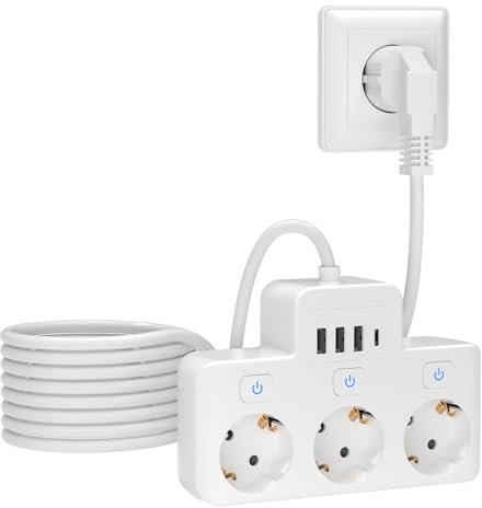 LEUTED - Ciabatta multipla con interruttore, a parete con 3 USB A+ 1 USB C, adattatore di protezione da sovratensione per presa 1,5 m, cavo ufficio, viaggio, bianco