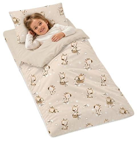 Totsy Baby Sacco a pelo per bambini con cuscino e cerniera per bambini da 3 a 7 anni - 75x140 cm sacco a pelo per interni per asilo e scuola materna con coperta integrata Oeko-Tex 75 x 140 Giraffa