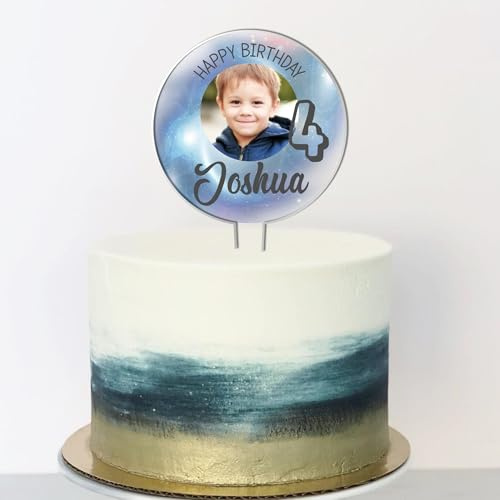 Personalised Children's Acrylic Birthday Cake Topper with Child’s Photo – Custom Name & Age, Rainbow Sparkle or Blue Galaxy Design Keepsake (Blue Galaxy)